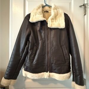 Women's Brown Leather Jacket with Cream Fur Lining
